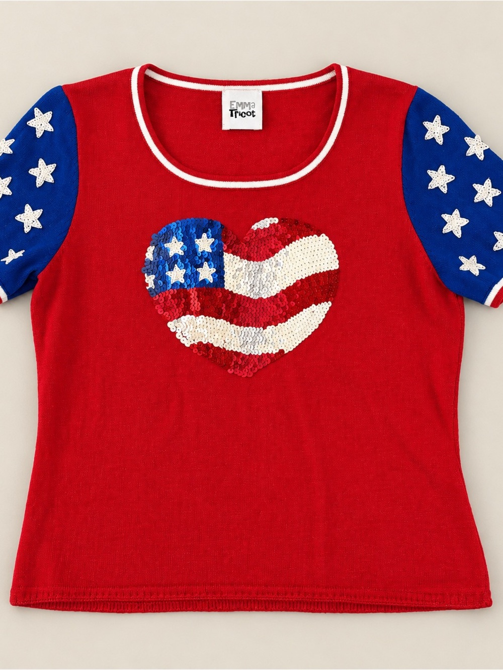 Emma Tricot Patriotic Sequin Heart Top Red White Blue Y2K Size Small